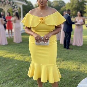 A368  FT  Plus Size Chic Soft Glam Yellow Off-Shoulder Ruffle Midi Dress NWT 3XL